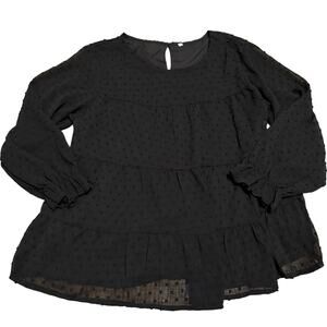 Womens Small Black Swiss Dot Babydoll Blouse Long Sleeve Tiered Peplum Tunic Top